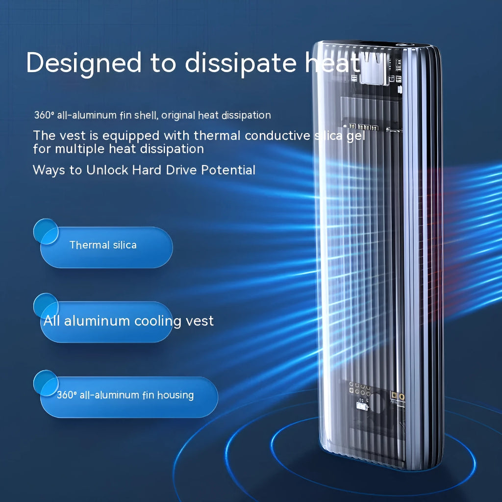 Aluminium external SSD enclosure box for M.2 NVMe and SATA drives with data cable and heat dissipation accessories.