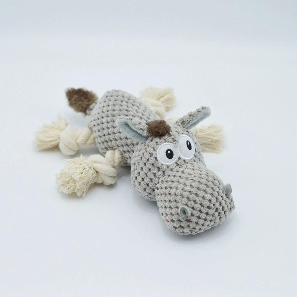 Gray donkey plush dog toy with creak sound, measuring 27 cm long