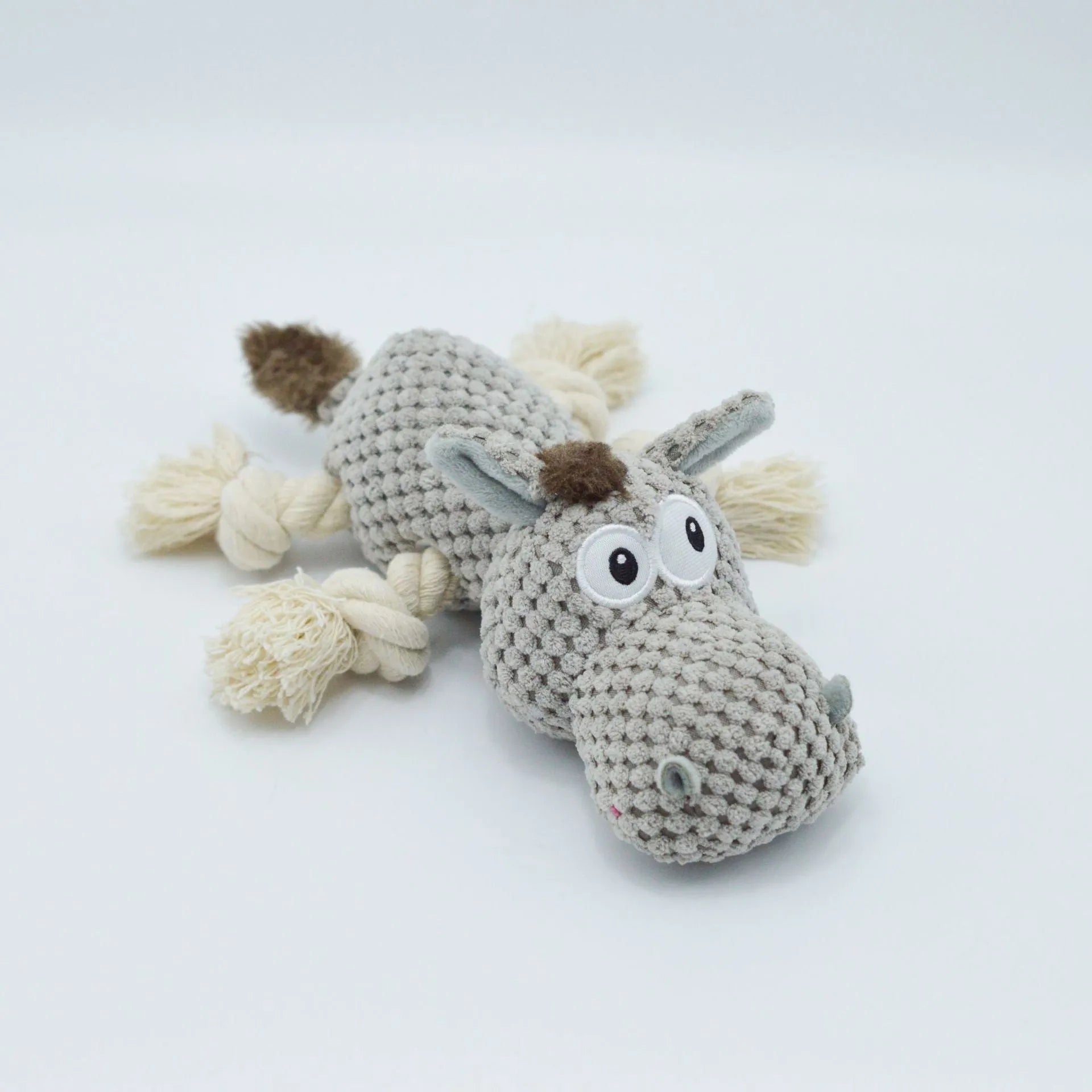 Gray donkey plush dog toy with creak sound, measuring 27 cm long