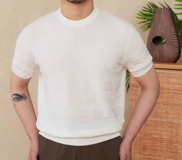 Men's casual retro summer t-shirt in pure cotton fabric available in off-white and royal blue colours