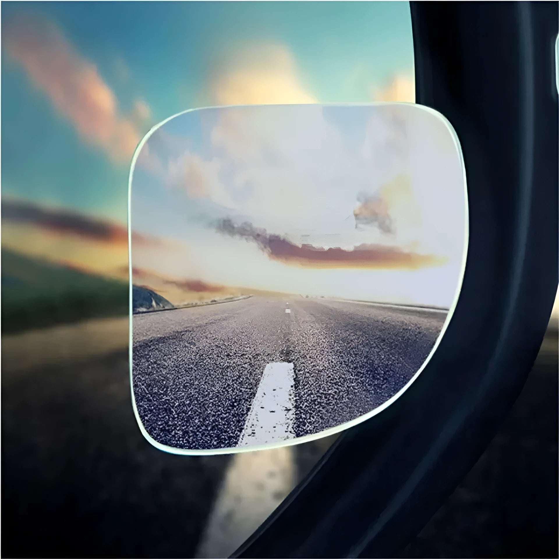 Pair of white, fan-shaped, adjustable car blind spot mirrors showing 360-degree rotation.