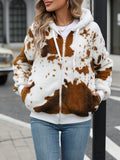 Yellow and brown cow print animal pattern hooded zip-up cardigan jacket for streetwear