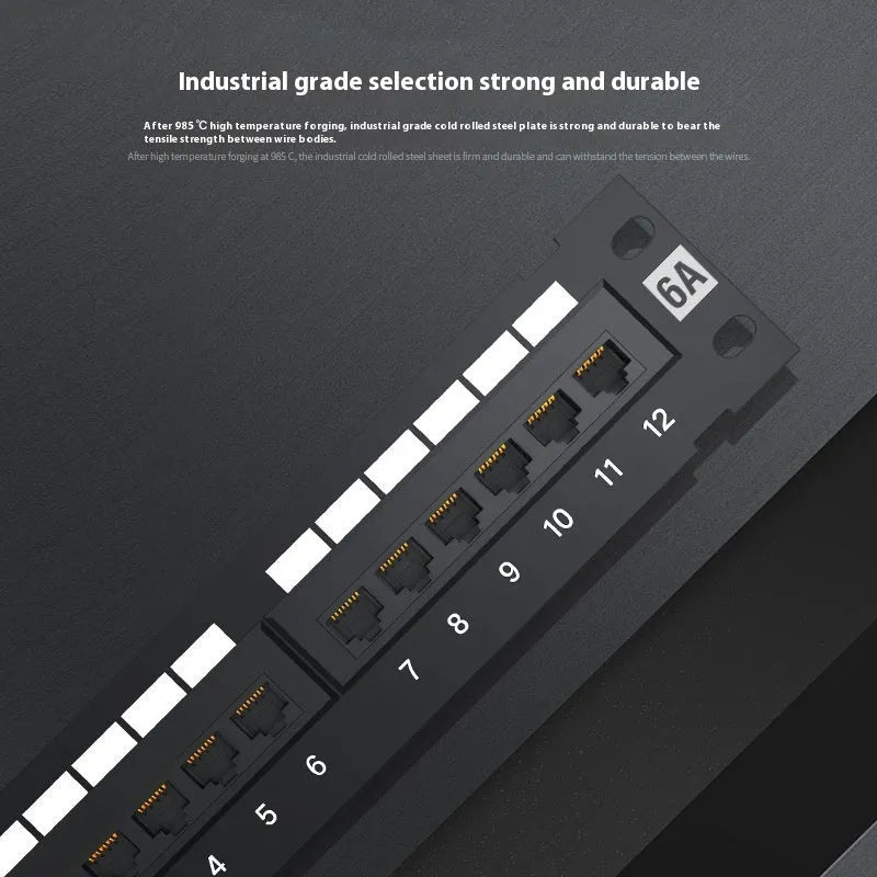 Black 12-port steel network distribution frame with hook bracket and included installation tools.