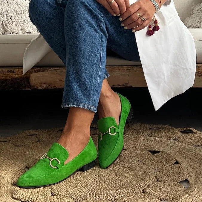 Women's pointed toe suede flat shoes with shallow mouth and buckle in purple, green, purple blue, purple yellow