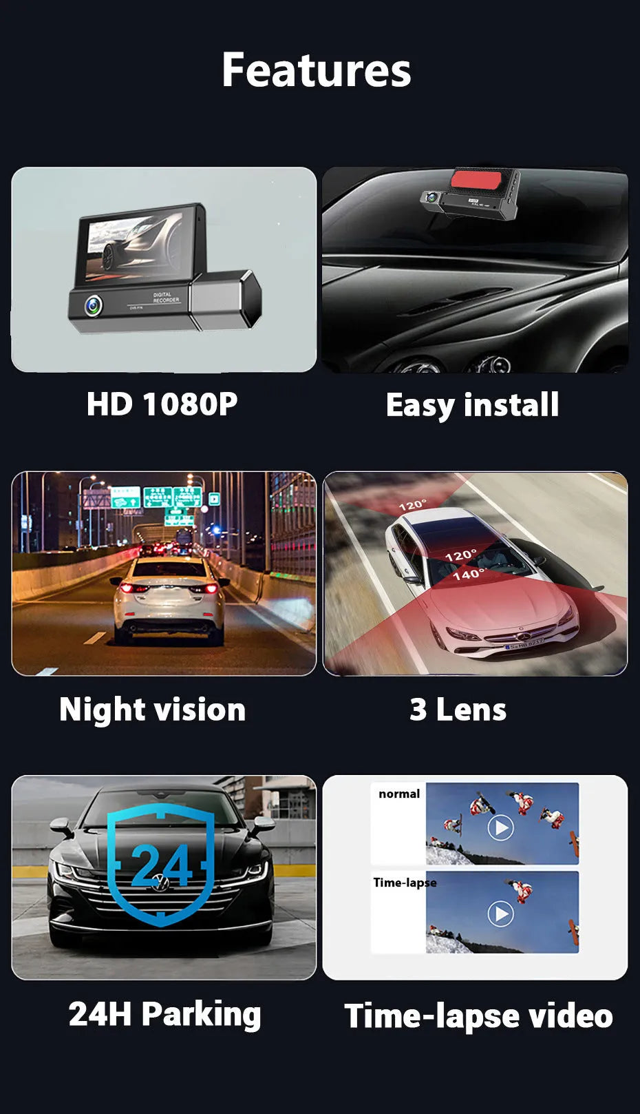 Black three-lens car camera tachograph with 1080P HD recording and 170° wide angle