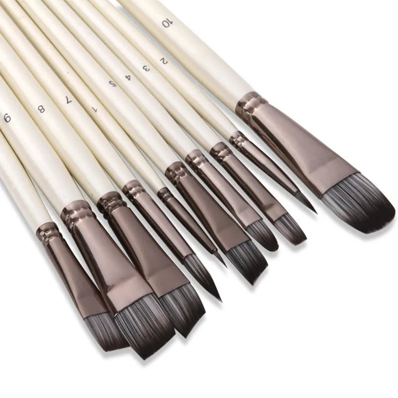 Ten pearl white nylon paint brushes with wooden handles in a clear PVC bag.