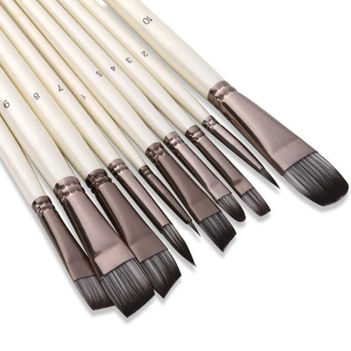 Ten pearl white nylon paint brushes with wooden handles in a clear PVC bag.