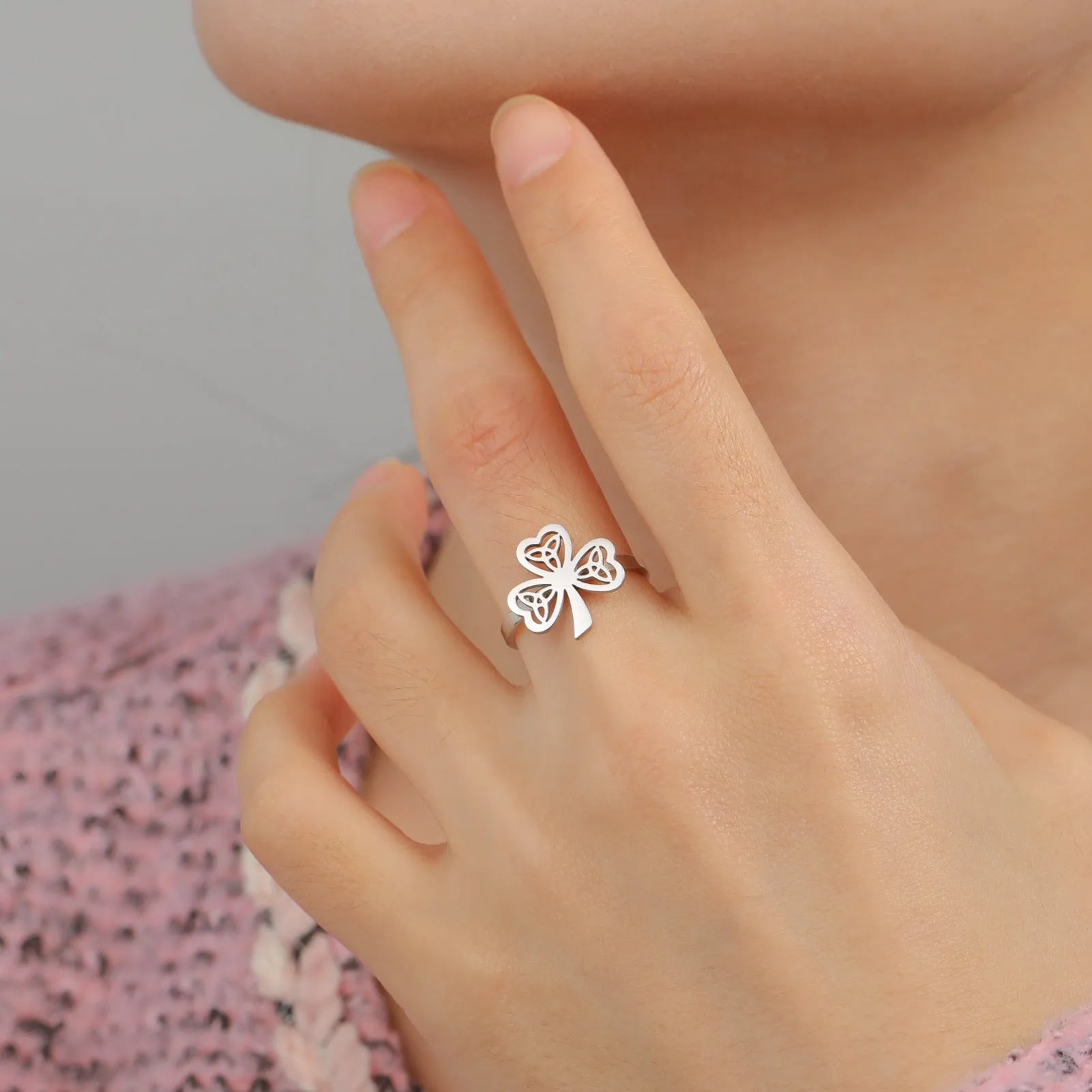Stainless steel lucky hollow ring in gold or steel colour on size display