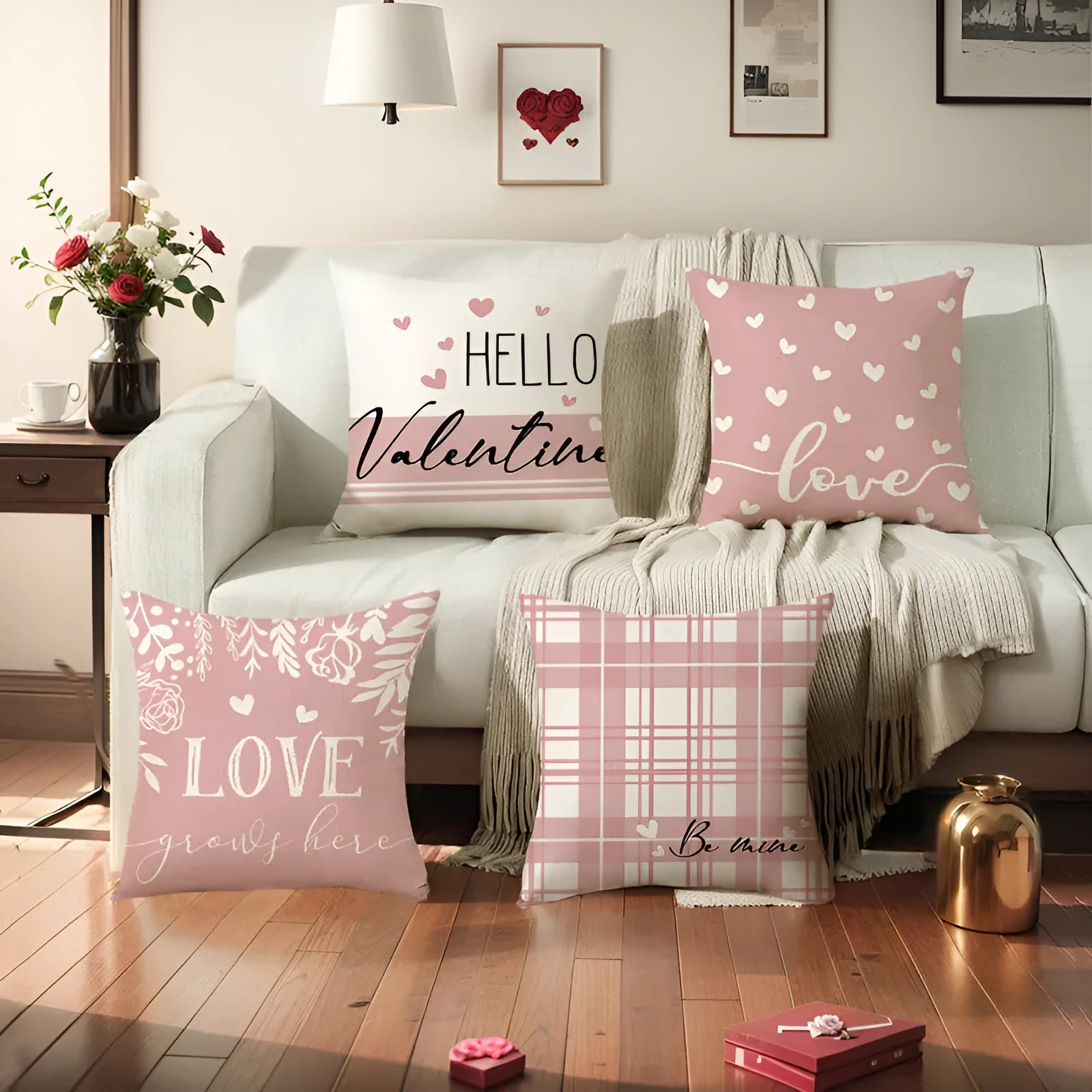Square red and white plaid heart printed pillow cover for Valentine's Day decor.
