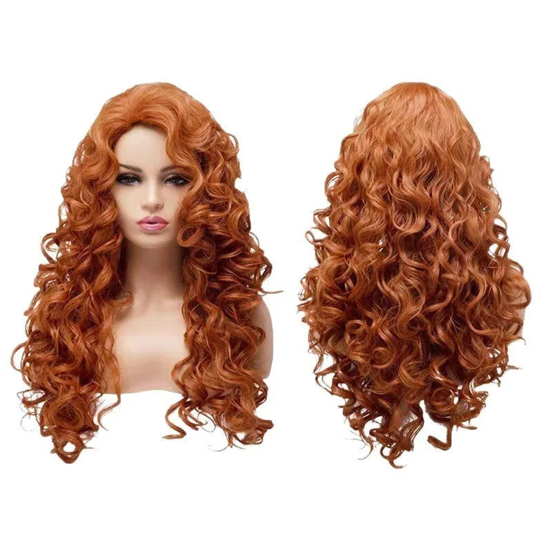 Brown long curly wavy synthetic wig for women's Halloween and cosplay costumes