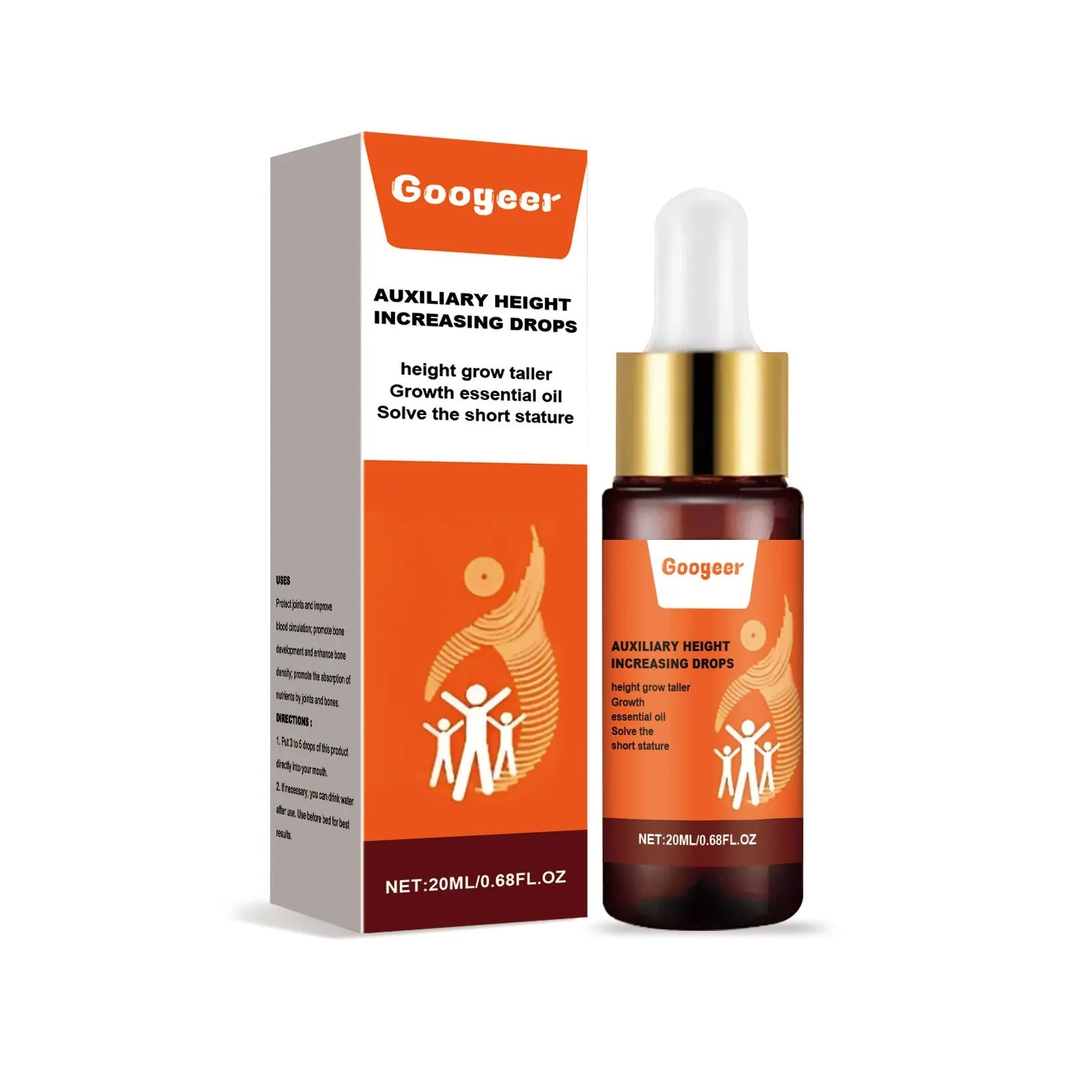 Googeer auxiliary height increasing drops bottle measuring 2.2cm by 9cm with 20ml capacity