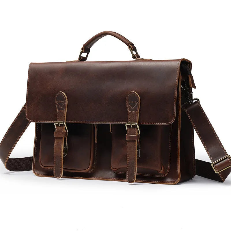 Cowhide leather crossbody computer bag with anti-theft features in dark brown colour