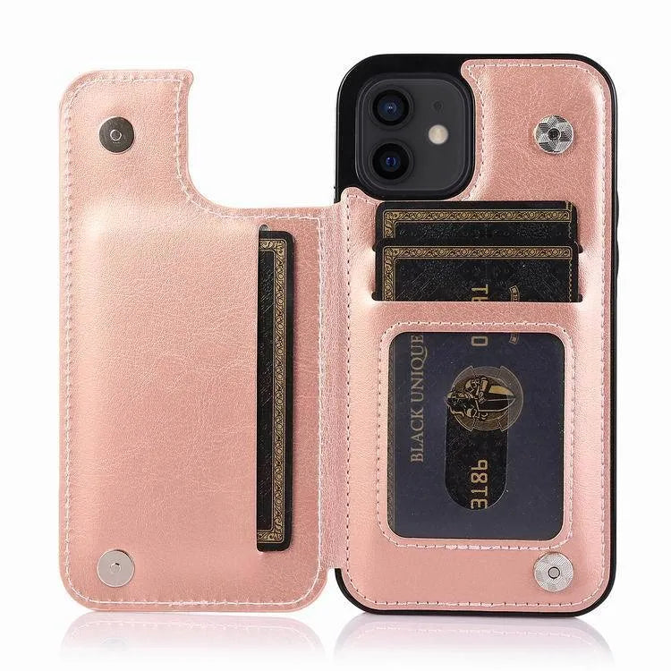 Crazy Horse pattern leather-grain iPhone 13 holster case with a double buckle belt clip in brown.