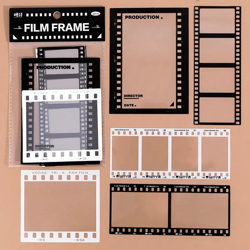 Pack of 15 transparent retro-themed frame stickers for journaling, including photography, music, and social designs.