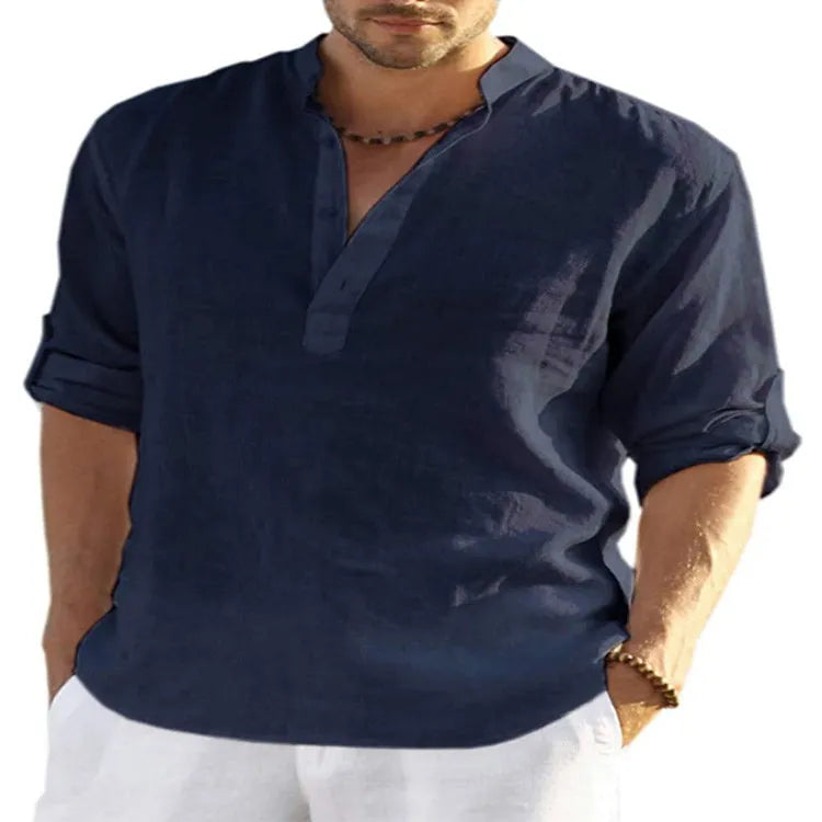Men's solid colour casual shirt with stand collar and long sleeves in a cotton linen fabric