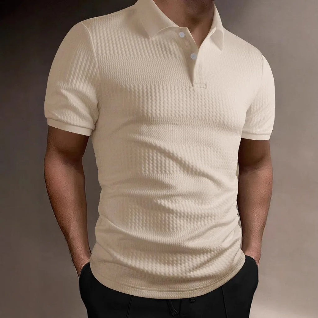 Men's loose fit striped polo shirt in breathable polyester blend fabric for summer wear