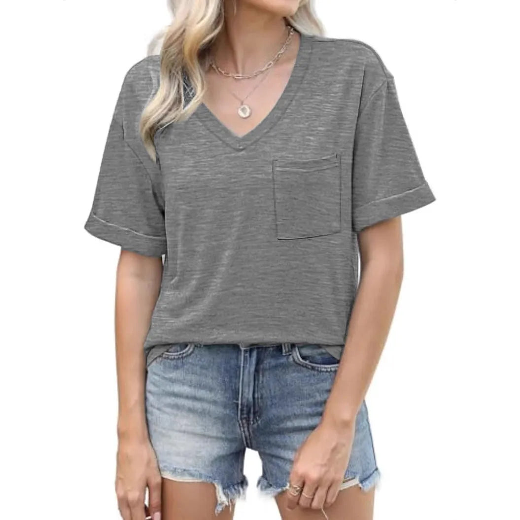 Grey loose fit men's V-neck t-shirt with a chest pocket on the front.