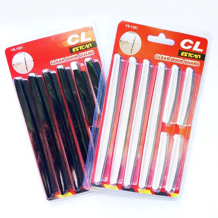 White plastic car door edge anti-collision protection strip on a vehicle.