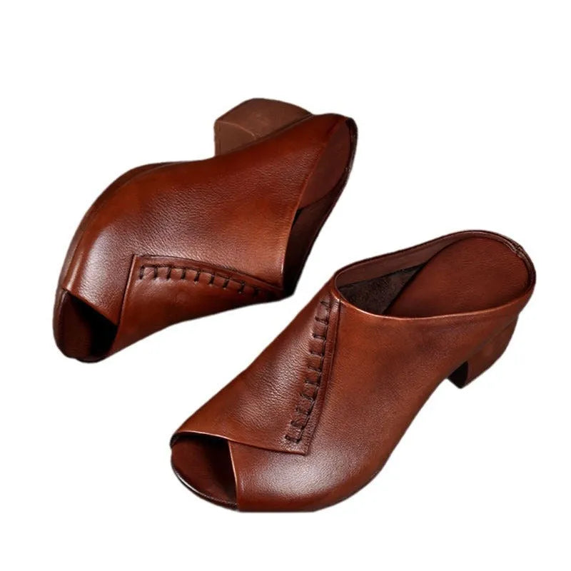 Women's black square heel peep-toe slipper sandals with a fish-mouth opening and rubber sole.