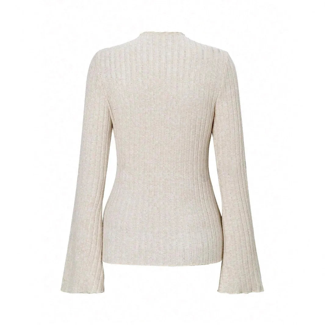 Khaki long sleeve pullover top with a round neck, lantern sleeves, and a brushed sunken stripe texture.