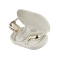 Ear-mounted bone conduction Bluetooth headset in ear-hanging clip design, black colour, with digital display, on a plain background