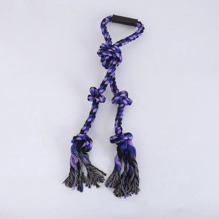 Blue and yellow durable cotton dog rope toy with ergonomic handle for large breed chewing and tug-of-war games.