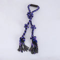 Blue and yellow durable cotton dog rope toy with ergonomic handle for large breed chewing and tug-of-war games.