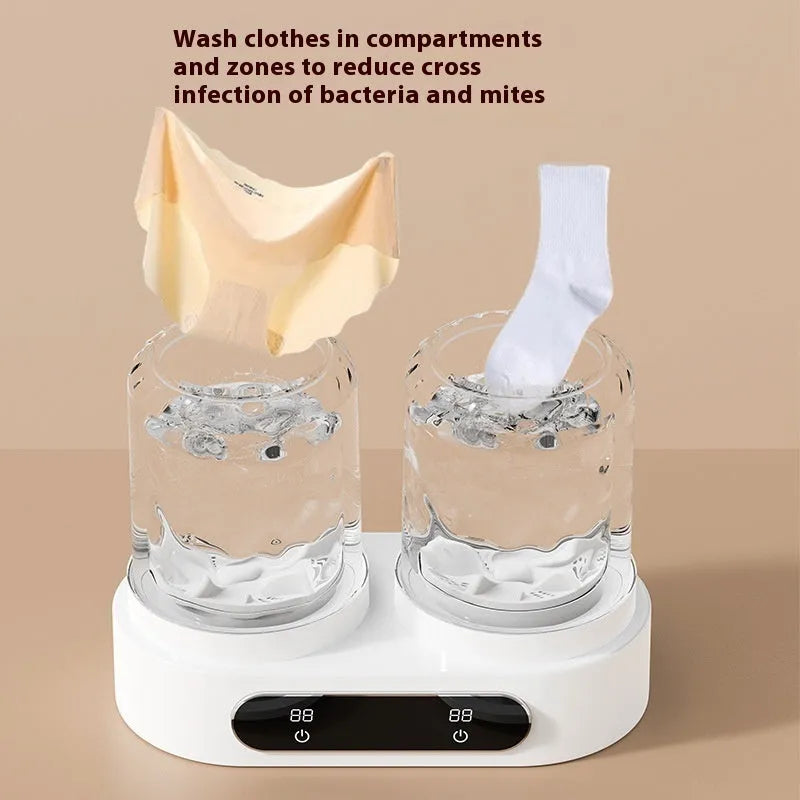 White double bucket mini USB laundry washing machine for underwear and small items.