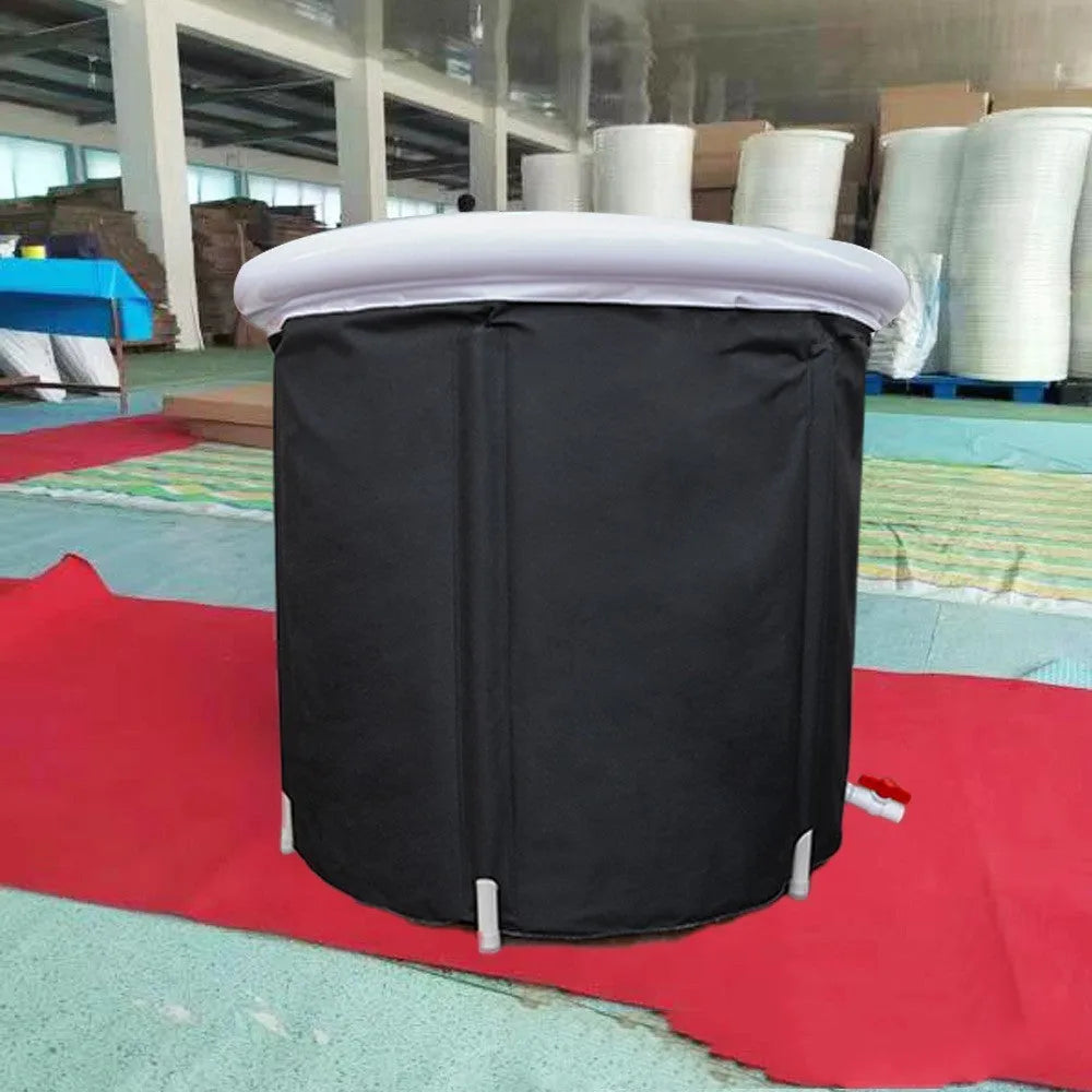 Black portable PVC ice bath measuring 70x80cm with all-weather lid and accessories for cold water therapy