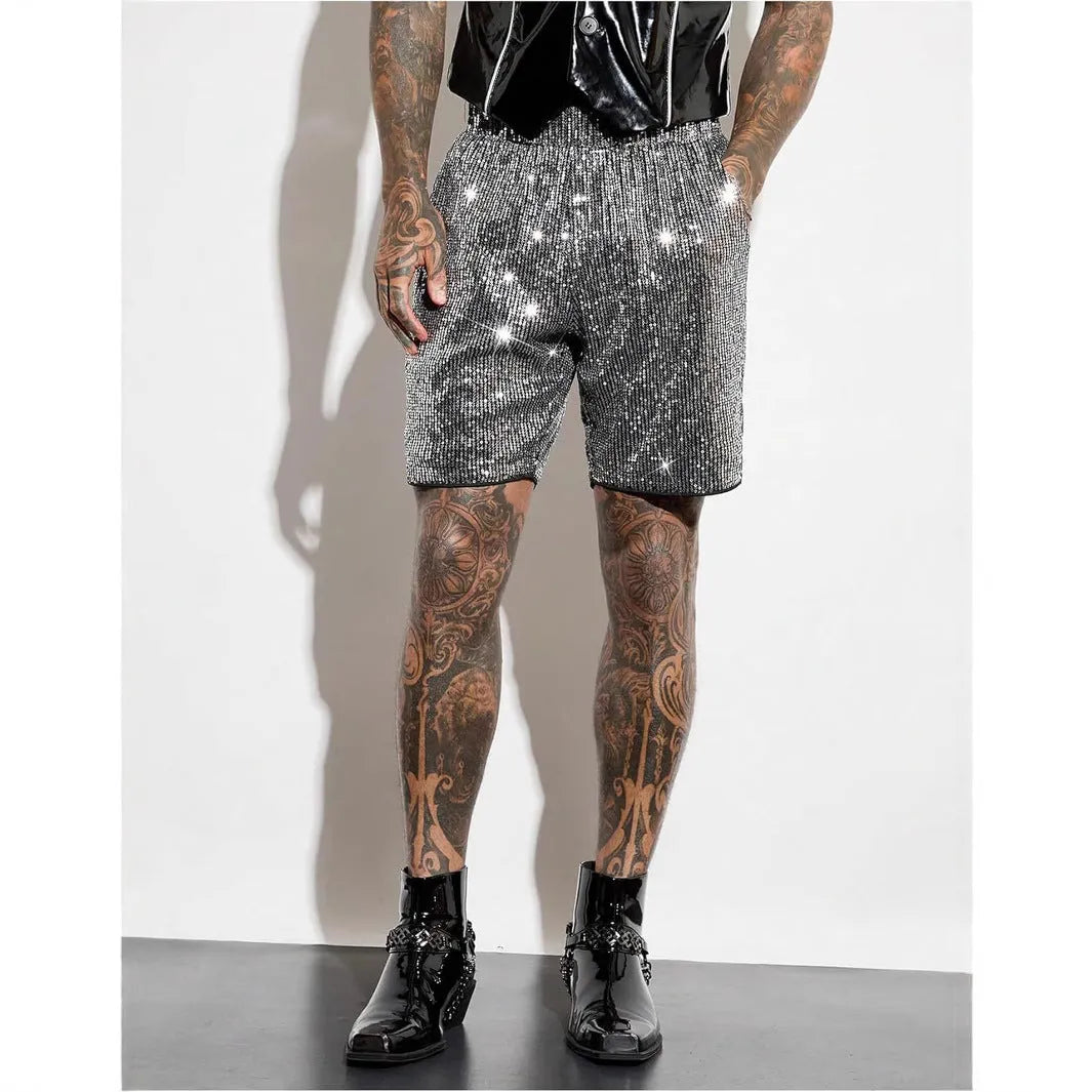 Men's silver and black sequin shorts with straight cut design and medium elastic waistband