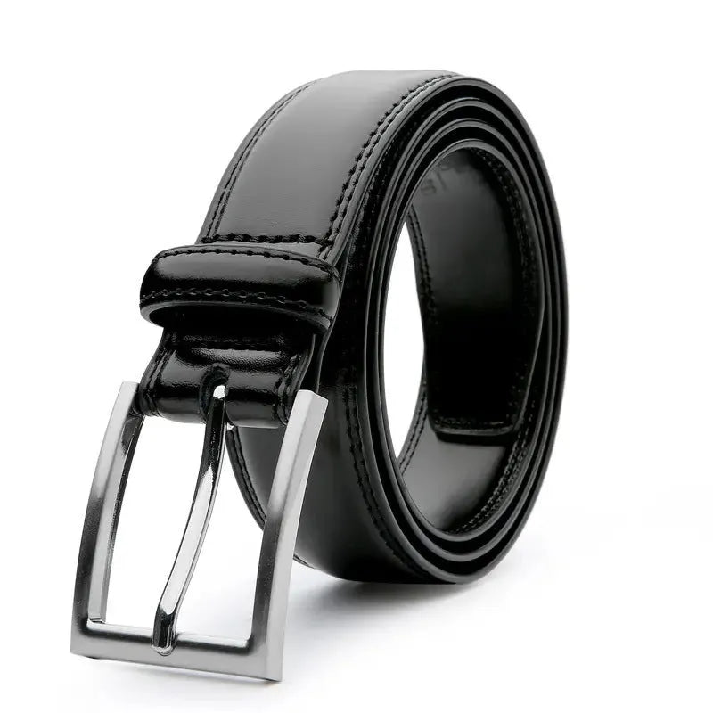 Men's brown genuine leather belt with wild 95 pattern and silver alloy buckle laid flat.