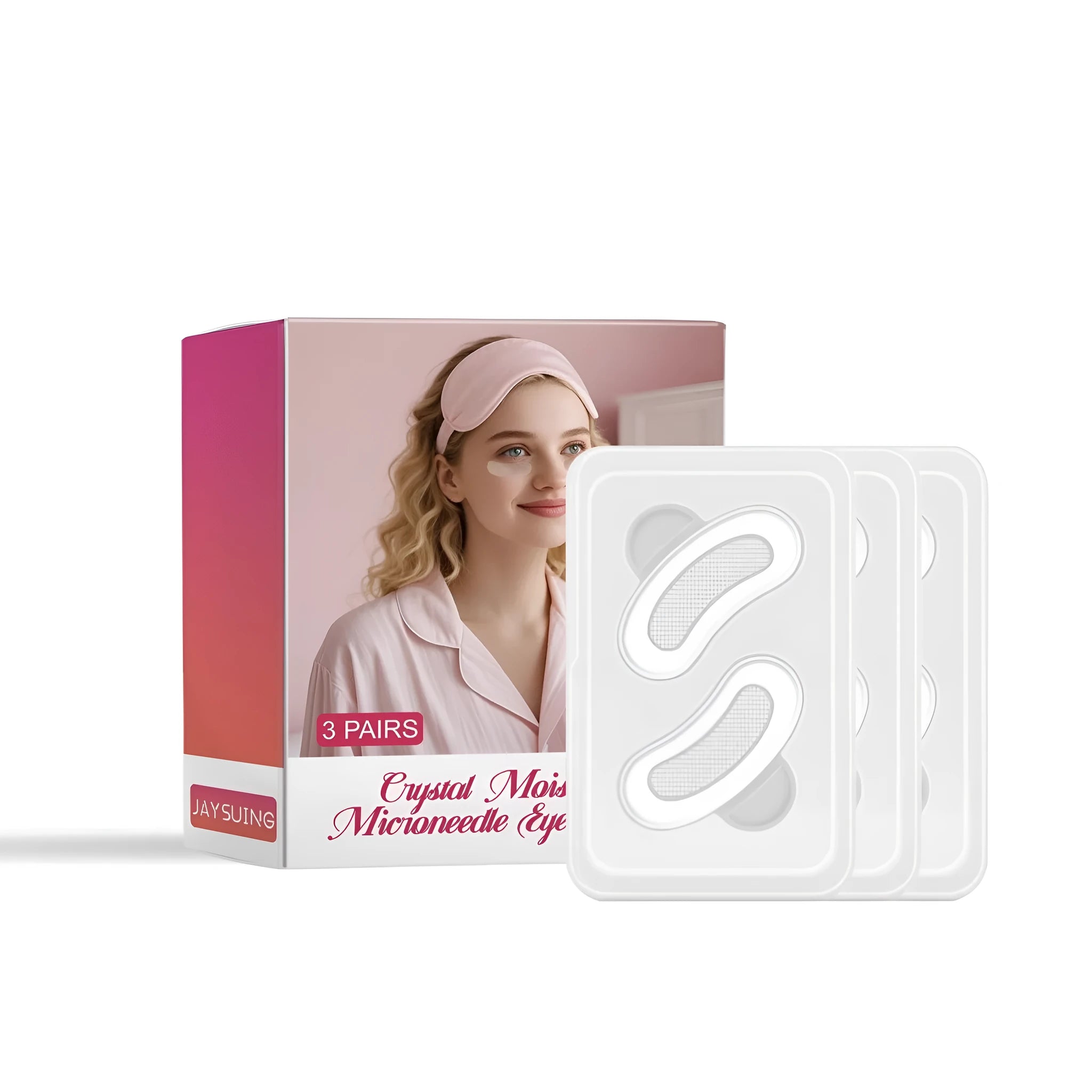 Pack of three pairs of dissolvable microneedle anti-wrinkle eye patches on a white background.