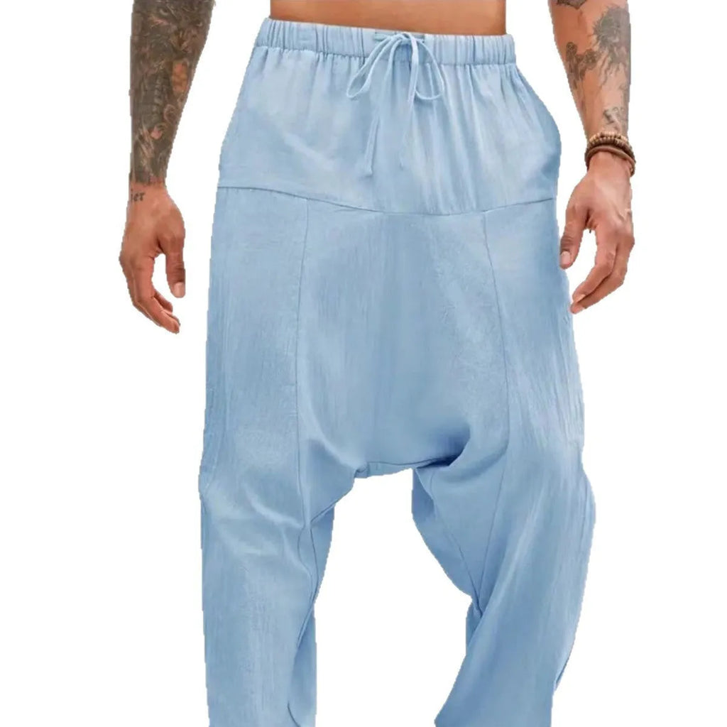 Summer breathable cotton cuffed pants with drawstring waist in khaki colour on model