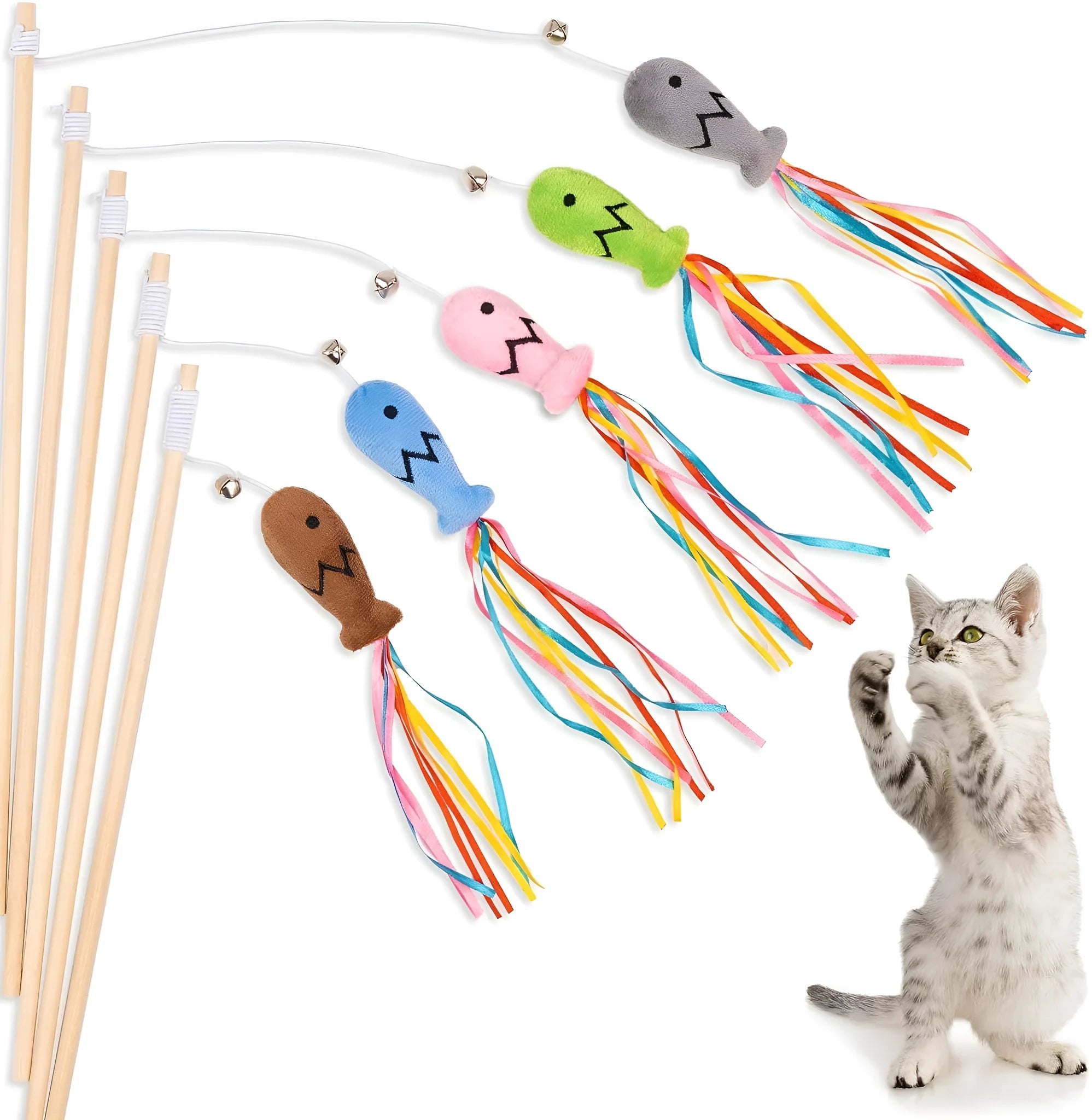 Blue cat wand toy with ribbons, catnip fish and bell on a wooden handle