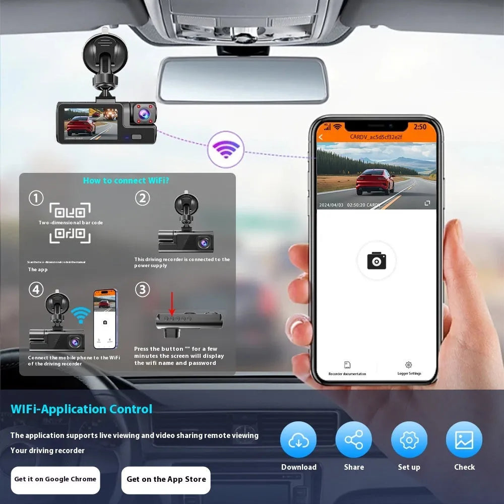 WiFi driving recorder with 2-inch screen on car windscreen showing rear camera view.