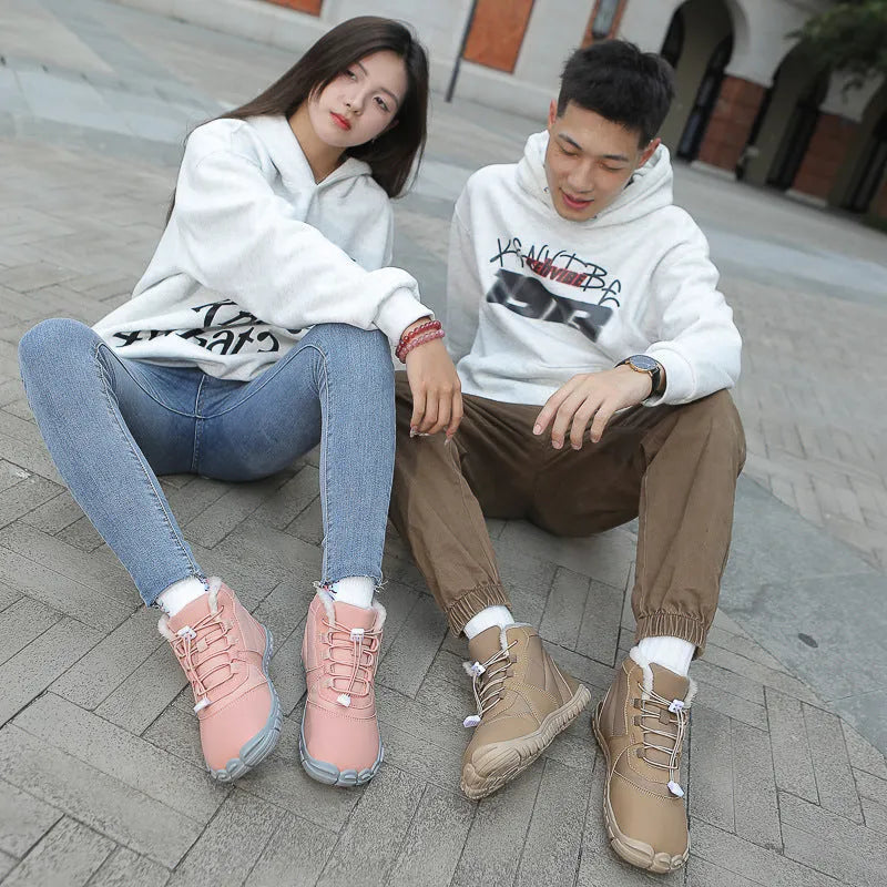 Waterproof fleece-lined snow boots with lace-up front and rubber non-slip sole.