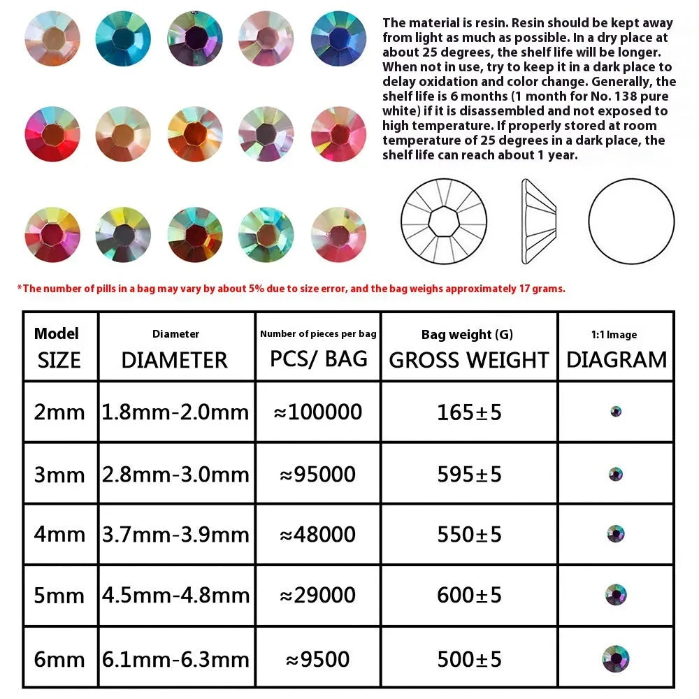 Assortment of multicoloured flat back resin rhinestones in various sizes for nail art and craft projects.