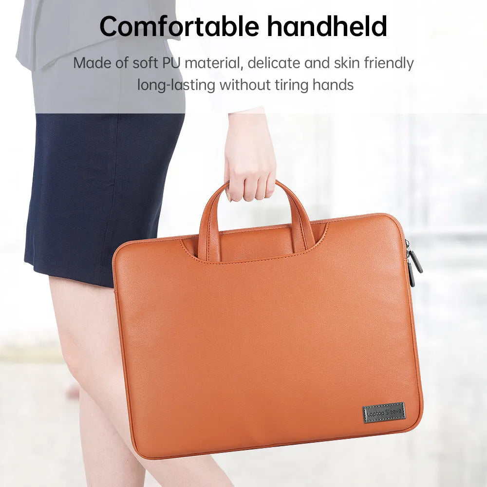 Shockproof laptop bag in black PU material with shoulder strap and accessory bag