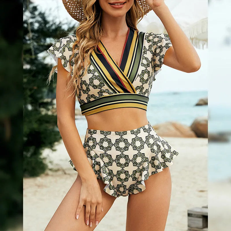 Green flounced backless bikini swimsuit with lace-up V-neck styling