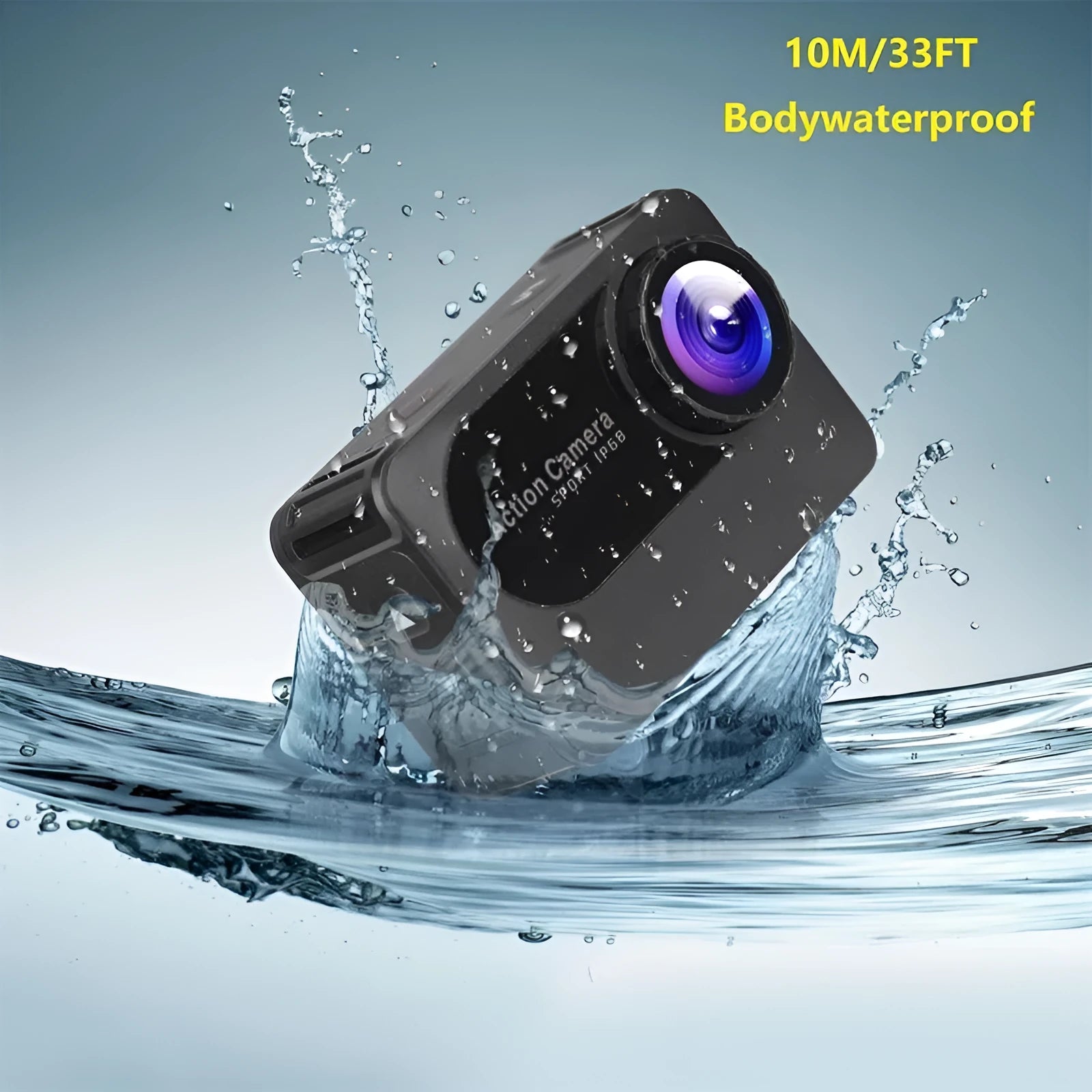 Black plastic outdoor sports action camera with wide-angle lens and touch screen