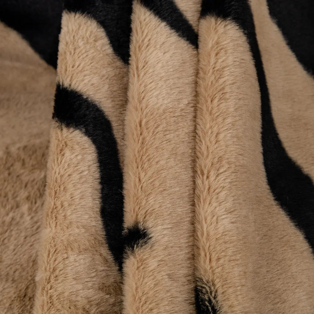 Zebra pattern flannel sofa cover with non-slip design in caramel colour showing texture and sizing
