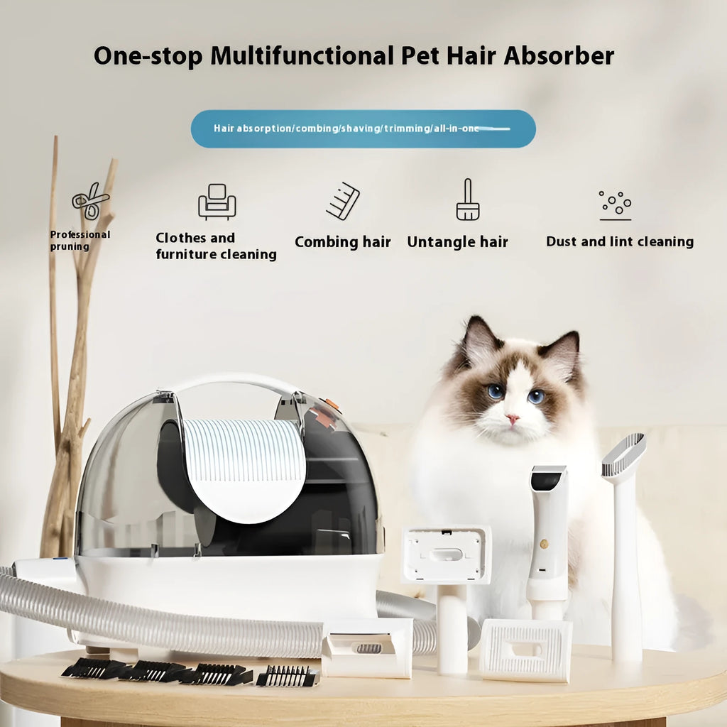 Pink and white pet grooming vacuum cleaner with electric shaver and grooming attachments