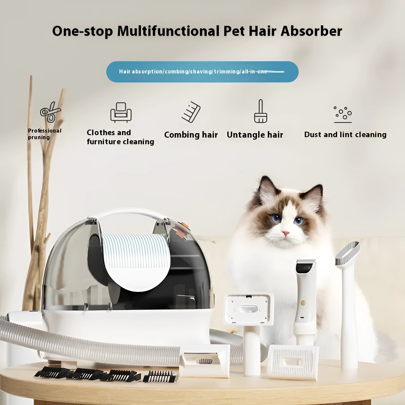 Pink and white pet grooming vacuum cleaner with electric shaver and grooming attachments