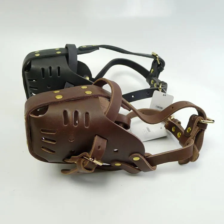 Black cowhide dog muzzle for medium and large dogs, basket design with soft lining, sizes L and M