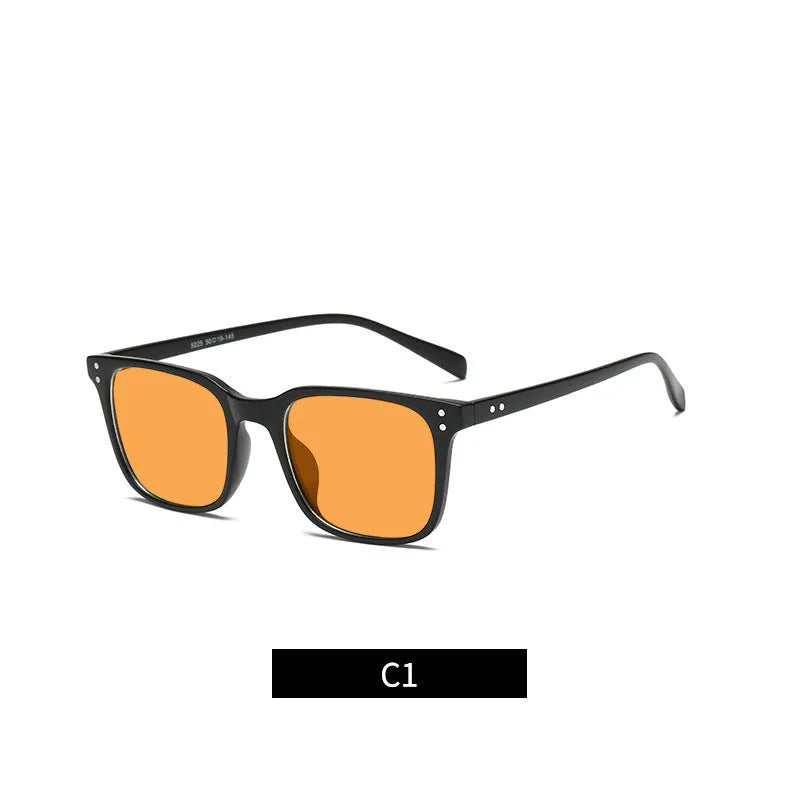 Colour changing TR90 frame anti-blue light glasses with orange photochromic CR39 lenses on a colour box.