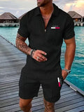 Men's retro plaid beach suit set with PARIS heat transfer patch, short sleeve T-shirt and shorts in cotton blend