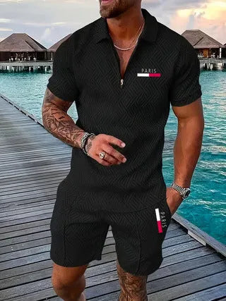 Men's retro plaid beach suit set with PARIS heat transfer patch, short sleeve T-shirt and shorts in cotton blend
