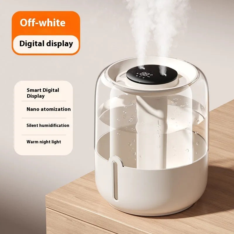 Beige USB humidifier with dual spray, humidity display, and night light function