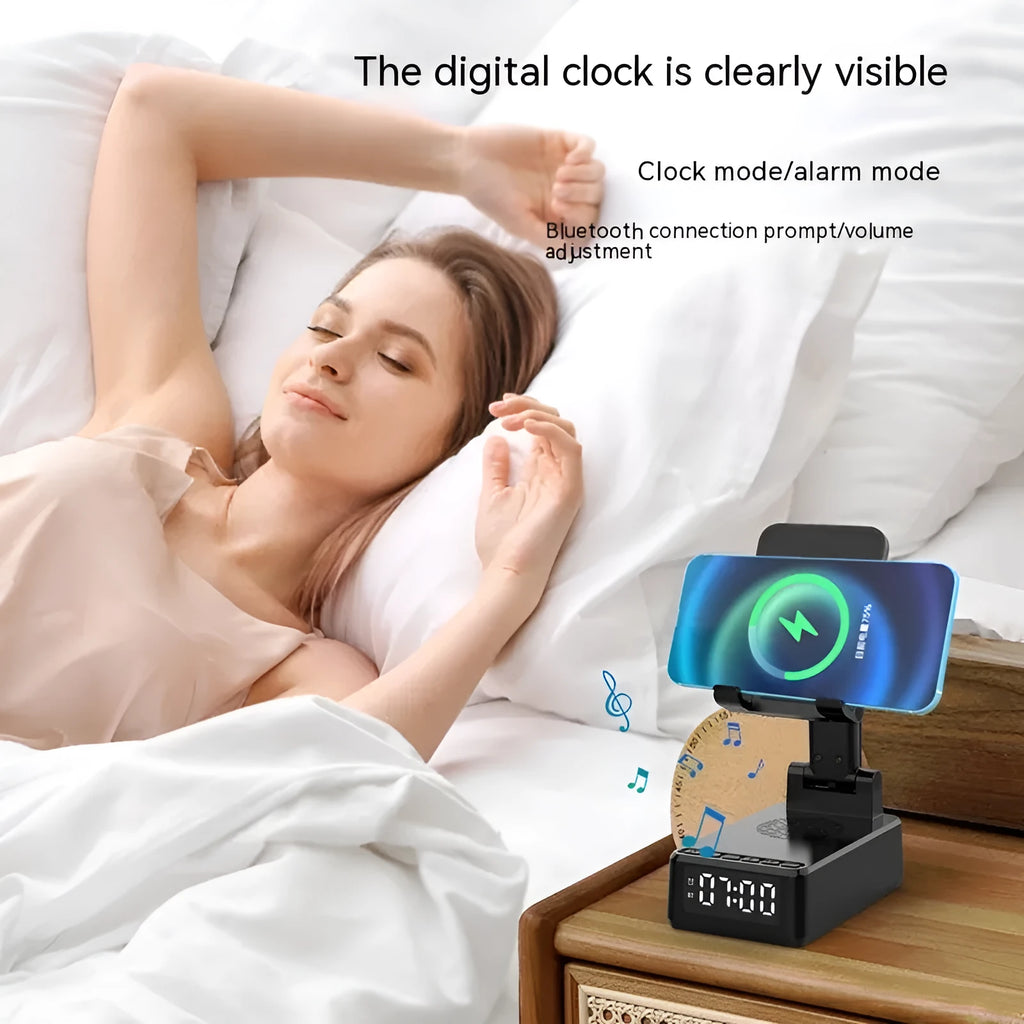 Multi-function Bluetooth speaker mobile phone holder desktop bracket with wireless charger 15W in black ABS plastic