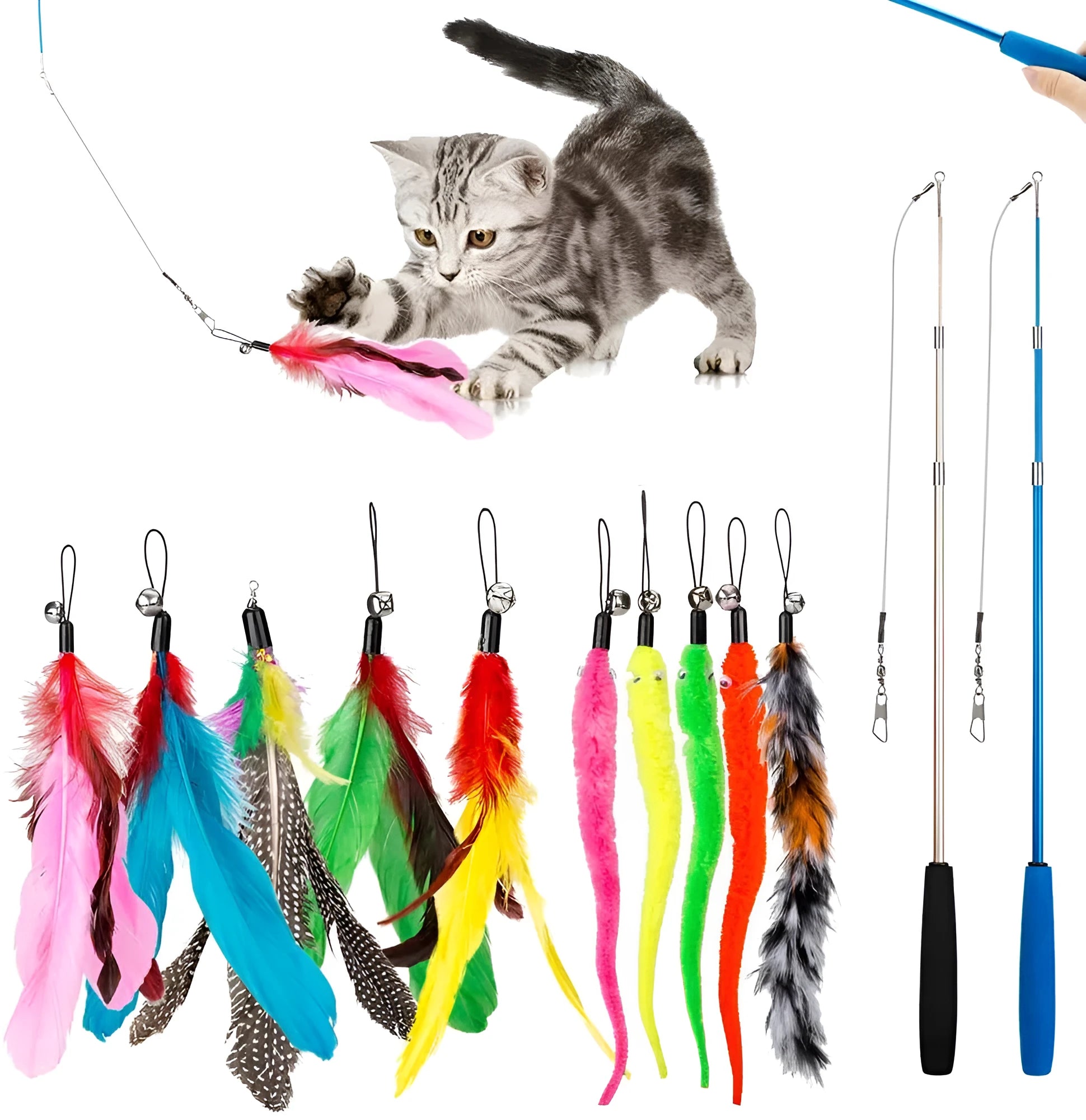 Cat fishing rod set with feather teaser attachments and ten replacement heads